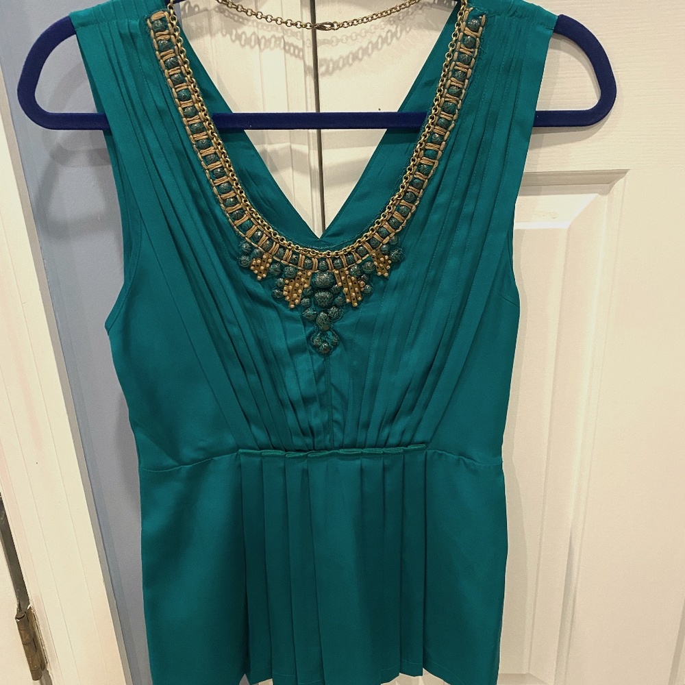 Anthro Emerald Green Silk Top w/ Jeweled Neckline